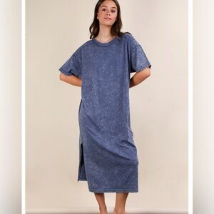 NWT Very J Blue Mineral Wash Midi Dress | Small |T-Shirt Style |Everyday Casual
